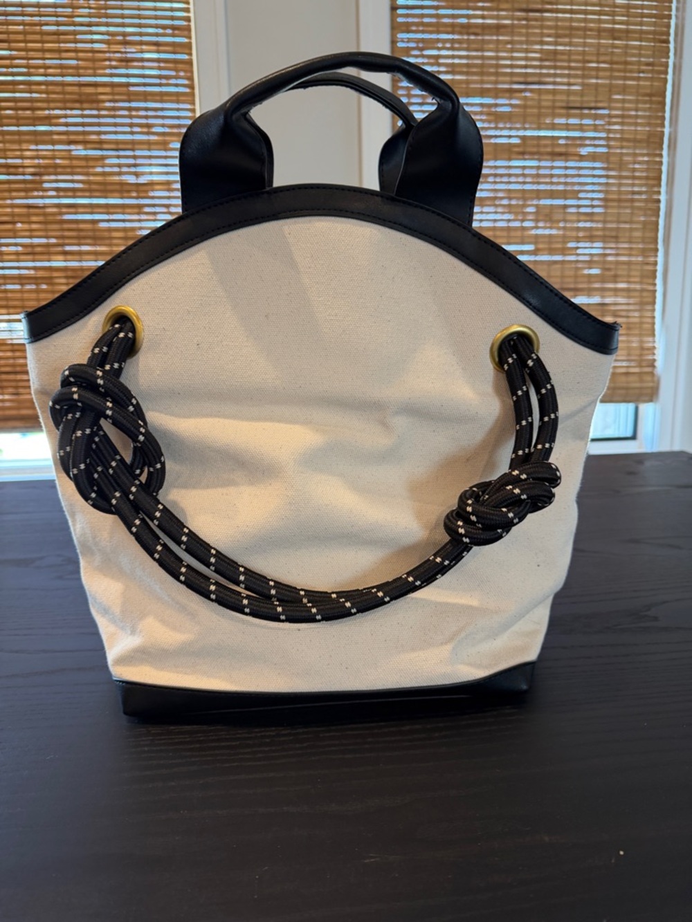 Canvas Tote with Knotted Rope Handles in Cream and Black